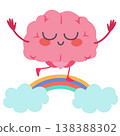 Cute Brain Mascot Walking on Rainbow in Cloud Sky Dream Concept 138388302