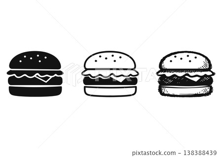 Simple hamburger icon set featuring both outline and solid black versions for digital design. Simple hamburger icon set featuring both outline and solid black versions for digital design. 138388439