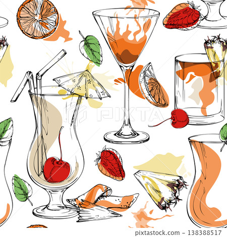 Warm orange and cream cocktail, milkshake, tea or juice drinks repeat with flat accents, citrus and fruit, mint. Hand drawn seamless vector pattern for social templates, recipe backdrops, home goods. Warm orange and cream cocktail, milkshake, tea or juice drinks repeat with flat accents, citrus and fruit, mint. Hand drawn seamless vector pattern for social templates, recipe backdrops, home goods. 138388517