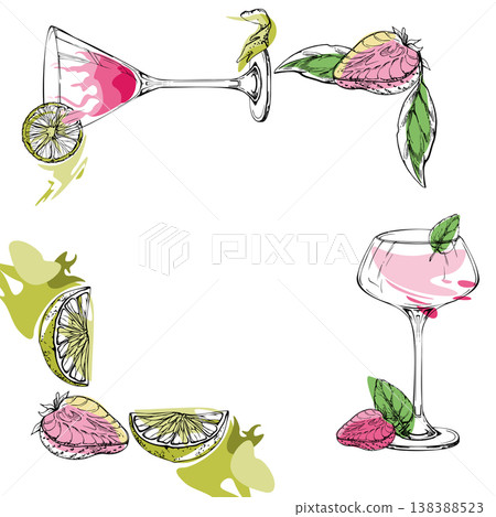 Pink cocktail frame, Strawberry margarita and daiquiri in martini and coupe ink glasses with citrus and berry outlines. Hand drawn vector for party invites, gift wraps, drink kits, culinary graphics. Pink cocktail frame, Strawberry margarita and daiquiri in martini and coupe ink glasses with citrus and berry outlines. Hand drawn vector for party invites, gift wraps, drink kits, culinary graphics. 138388523