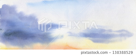 Soft watercolor sunset sky with layered clouds in blue and warm light tones across wide horizon. Illustration hand drawn in watercolor. Atmospheric background for landscape scenes, travel posters Soft watercolor sunset sky with layered clouds in blue and warm light tones across wide horizon. Illustration hand drawn in watercolor. Atmospheric background for landscape scenes, travel posters 138388529