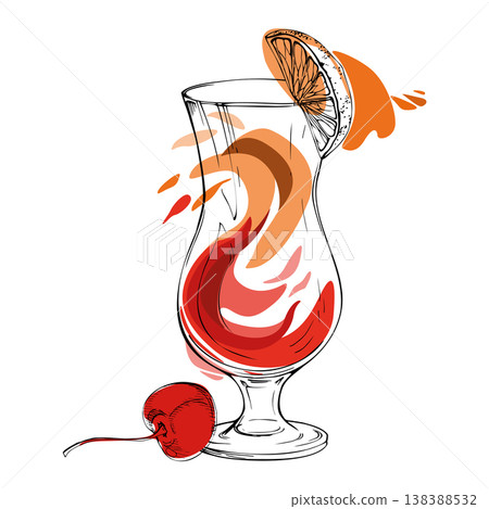 Tequila Sunrise, Mai Tai tropical cocktail, fruit juice splash in hurricane glass hand drawn in ink, vector orange red swirl, cherry and citrus garnish. Summer branding, bar posters, and drink kits. Tequila Sunrise, Mai Tai tropical cocktail, fruit juice splash in hurricane glass hand drawn in ink, vector orange red swirl, cherry and citrus garnish. Summer branding, bar posters, and drink kits. 138388532