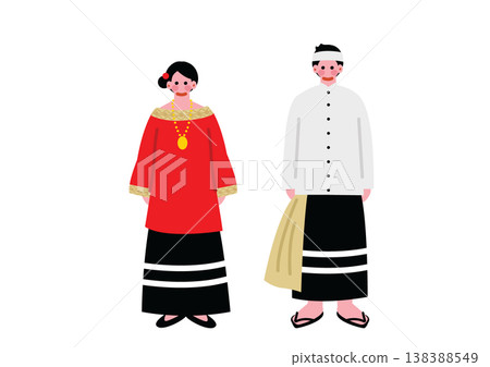 Illustrations of a man and woman wearing traditional Maldivian ethnic clothing. 138388549