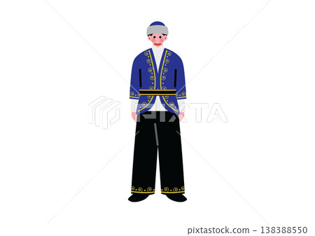 一幅描繪身著哈薩克族傳統服飾的男子的插圖。 一幅描繪身著哈薩克族傳統服飾的男子的插圖。 138388550