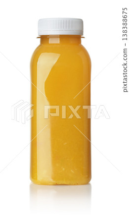Front view of yellow fruit smoothie plastic bottle 138388675