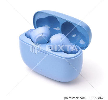 Pair of blue true wireless earbuds in charging case 138388679
