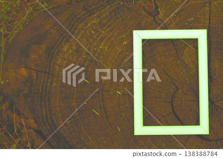 Light green square frame for text on a wooden brown stump 138388784