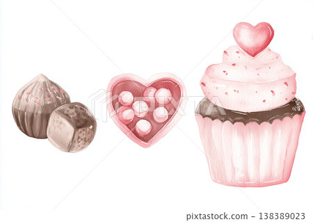 Chocolate cupcakes topped with heart-shaped chocolates Chocolate cupcakes topped with heart-shaped chocolates 138389023