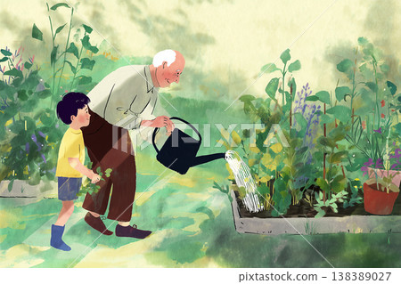 老人在花園裡觀察植物 老人在花園裡觀察植物 138389027