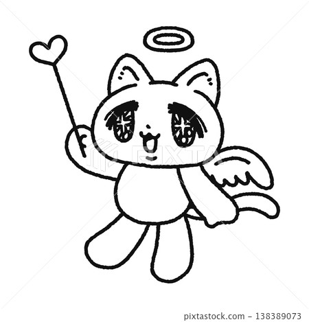 A dreamy, angelic cat holding a heart-shaped pointer (line drawing) 138389073