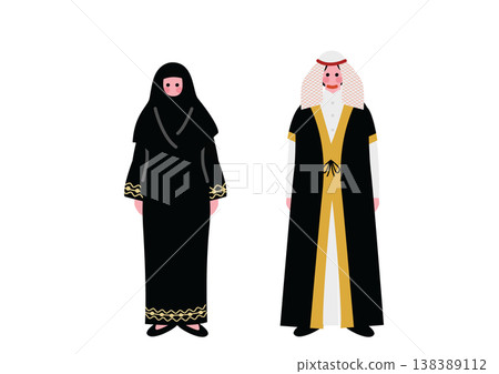 身穿沙烏地阿拉伯傳統服飾的男女插圖。 138389112