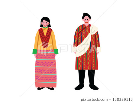 Illustrations of a man and woman wearing traditional Bhutanese ethnic clothing. Illustrations of a man and woman wearing traditional Bhutanese ethnic clothing. 138389113