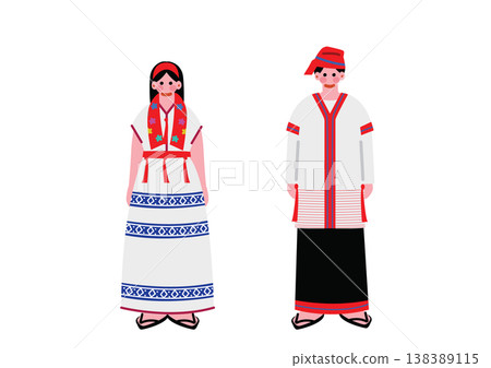 圖中描繪了一位身著緬甸傳統民族服裝的男子和一位女子。 圖中描繪了一位身著緬甸傳統民族服裝的男子和一位女子。 138389115