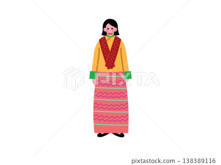 身著不丹傳統民族服裝的女性的插圖。 身著不丹傳統民族服裝的女性的插圖。 138389116