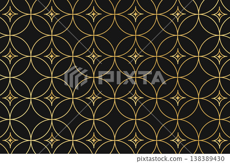 Art deco pattern with repeated gold circle and twinkle shapes on black background. Shiny luxury geometric print. Elegant minimalistic wallpaper. Golden abstract ornament. Vector illustration Art deco pattern with repeated gold circle and twinkle shapes on black background. Shiny luxury geometric print. Elegant minimalistic wallpaper. Golden abstract ornament. Vector illustration 138389430