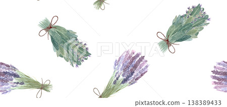 Lavender and sage herb bundle seamless pattern. Hand painted watercolor botanical repeat with tied bouquets for fabric, wrapping paper, stationery, wallpaper and rustic floral design for gift wrap use Lavender and sage herb bundle seamless pattern. Hand painted watercolor botanical repeat with tied bouquets for fabric, wrapping paper, stationery, wallpaper and rustic floral design for gift wrap use 138389433