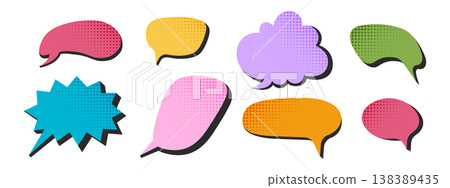 Set of colorful speech clouds with dotted halftone texture. Dialogue balloons, text boxes, quotation balloons, offer tags, thought labels, message stickers in pop art style. Vector illustration Set of colorful speech clouds with dotted halftone texture. Dialogue balloons, text boxes, quotation balloons, offer tags, thought labels, message stickers in pop art style. Vector illustration 138389435