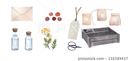 Watercolor packaging set with bottles, pouches, envelope, tag, wax seals, crate, scissors and botanical elements. Hand painted clipart for branding, labels, stationery and herbal product design Watercolor packaging set with bottles, pouches, envelope, tag, wax seals, crate, scissors and botanical elements. Hand painted clipart for branding, labels, stationery and herbal product design 138389437