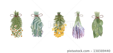 Set of dried herb bundles with chamomile, sage, blue tansy, lavender and mint. Hand painted botanical watercolor clipart of isolated herbs for labels, branding, natural design and herbal packaging 138389440