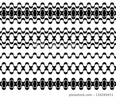 Set of horizontal borders with classic Copacabana or ogee motif. Page dividers with black wavy lines on white background. Traditional Arabic print. Vector graphic illustration Set of horizontal borders with classic Copacabana or ogee motif. Page dividers with black wavy lines on white background. Traditional Arabic print. Vector graphic illustration 138389451