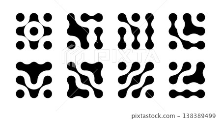 Set of metaball patterns. Black linked fluid drops, flowing dots or round organic shapes isolated on white background. Connected neurons, molecules or cells. Modern print. Vector graphic illustration 138389499