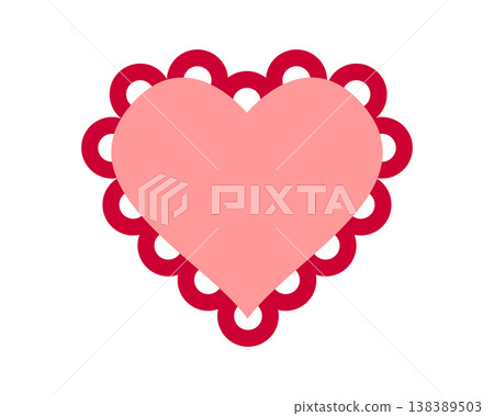 Paper or fabric pink heart with red ruffle borders. Template of Valentine Day card with frilly edges isolated on white background. Love theme design element. Vector flat illustration 138389503