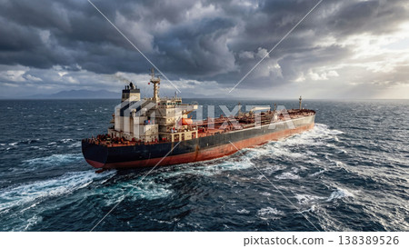 Large Oil Tanker Sailing Through Rough Ocean Under Dramatic Storm Clouds 138389526