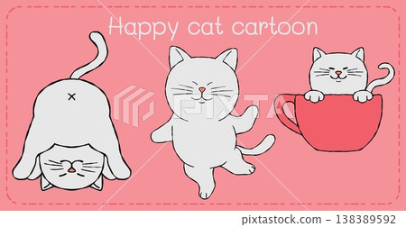 Happy cat cartoon character pink background playful mood, cute feline humor for children illustration 138389592