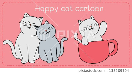 Happy cat cartoon illustration pink background playful feline art 138389594