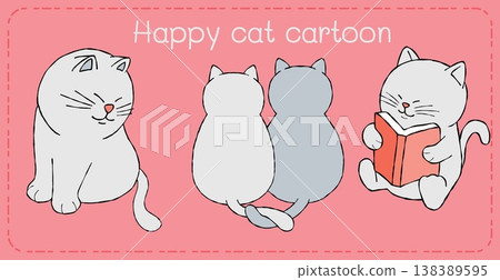 Happy cat cartoon illustration with cute kitten reading book on pink background in simple flat style art Happy cat cartoon illustration with cute kitten reading book on pink background in simple flat style art 138389595