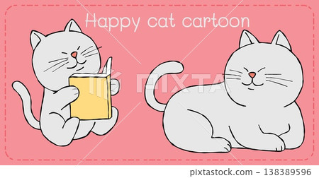 Happy cat cartoon character reading book on pink background feeling relaxed and playful Happy cat cartoon character reading book on pink background feeling relaxed and playful 138389596