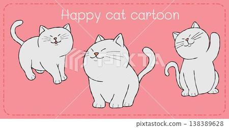 Happy cat cartoon character trio playful pink background illustration Happy cat cartoon character trio playful pink background illustration 138389628