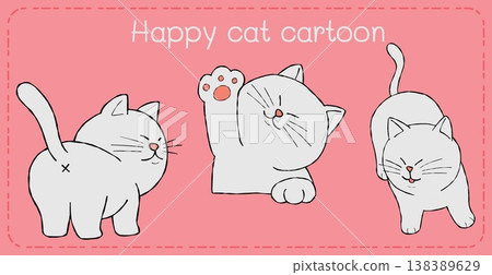 Happy cat cartoon trio playful pink background, cute line drawing minimal style illustration 138389629