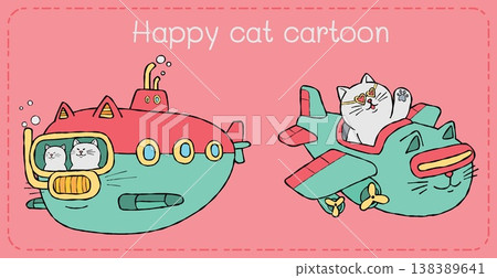 Happy cat cartoon submarine airplane illustration pink background Happy cat cartoon submarine airplane illustration pink background 138389641