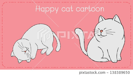 Happy cat cartoon illustration on pink background with cute white kitten and playful pose 138389650