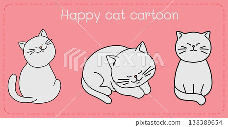 Happy cat cartoon illustration with cute kitten trio on pink background playful and sweet vibe 138389654