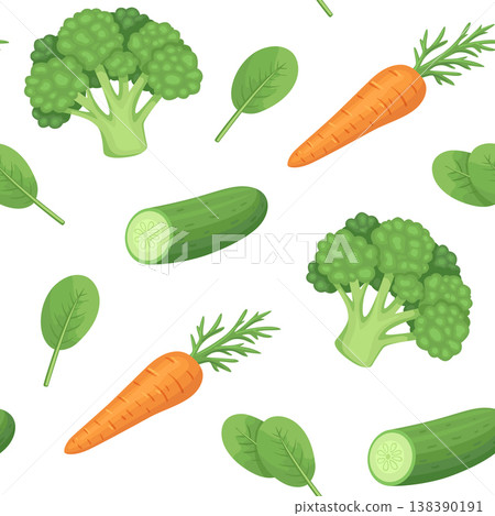 Healthy Organic Food Pattern with Broccoli, Carrot and Cucumber 138390191