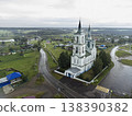Aerial drone view of Transfiguration Church (Spaso-Preobrazhenskaya Church) in Nizhnyaya Sinyachikha, Russia, rainy summer day, wooden architecture 138390382