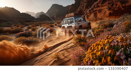 An adventurous offroad expedition across flowering dunes with rugged mountains in background 138390407