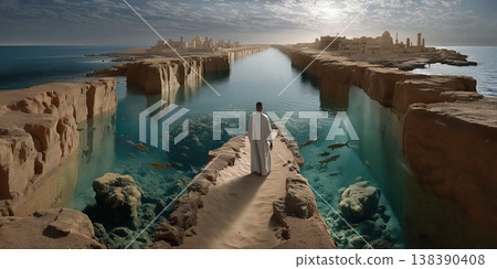Seaside view with distant horizons. Narrow bridge spans water with fish and dramatic shadows 138390408
