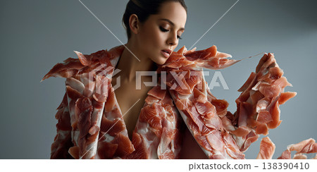 Photograph showcasing model in creative meat themed costume with artistic illumination 138390410