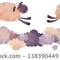 Seamless pattern with adorable sleeping sheep jumping over fluffy clouds in soft watercolor children’s style Perfect for baby fabrics, nursery textiles, kids pajamas, bedding and sleep-themed products 138390449