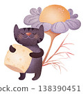 Sleeping cat with pillow, closed eyes in children's illustration style. Cute fluffy sheep resting next to large blooming flower. Perfect for nursery decor, bedtime themes, kids books, baby products 138390451