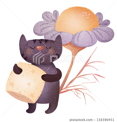 Sleeping cat with pillow, closed eyes in children's illustration style. Cute fluffy sheep resting next to large blooming flower. Perfect for nursery decor, bedtime themes, kids books, baby products 138390451