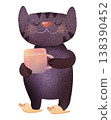 Adorable purple tabby cat standing and holding a cozy mug with both paws. Cute smiling kitten wearing duck slippers. Perfect for nursery decor, baby products, greeting cards and kids textiles. 138390452