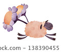 Sleeping lamb closed eyes and pink tongue sticking out next to large purple and orange flower. Soft watercolor children’s style. Ideal for nursery decor, baby products, bedtime stories, kids textiles 138390455