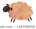 Sleeping peach lamb with closed eyes in children's illustration style. Cute fluffy sheep resting in soft watercolor style. Perfect for nursery decor, bedtime themes, kids books, baby products 138390456