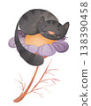 Sleeping gray kitten curled up on a large purple orange flower. Cute cozy cat in soft watercolor children’s illustration style. Ideal for nursery decor, baby products, bedtime stories, kids textiles 138390458