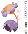 Sleeping purple lamb with closed eyes in children's illustration style. Cute fluffy sheep resting next to large blooming flower. Perfect for nursery decor, bedtime themes, kids books, baby products 138390461