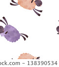 Seamless pattern with jumping sheep in peach and purple. Playful cartoon lambs with tongues out in children’s illustration style. Perfect for baby fabrics, nursery textiles, kids pajamas and bedding. 138390534